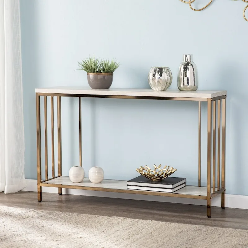 Champagne Faux Stone Rectangular Console Table with Gold Shelf Base - 47.5 L x 12 W x 29.5 H