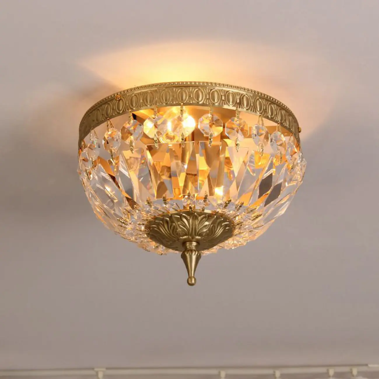 European Classical Crystal Brass Drum Flush Ceiling Light
