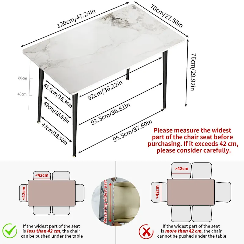 6 Seater Kitchen Dining Table Modern Marble Tabletop Rectangular with Tapered Metal Legs