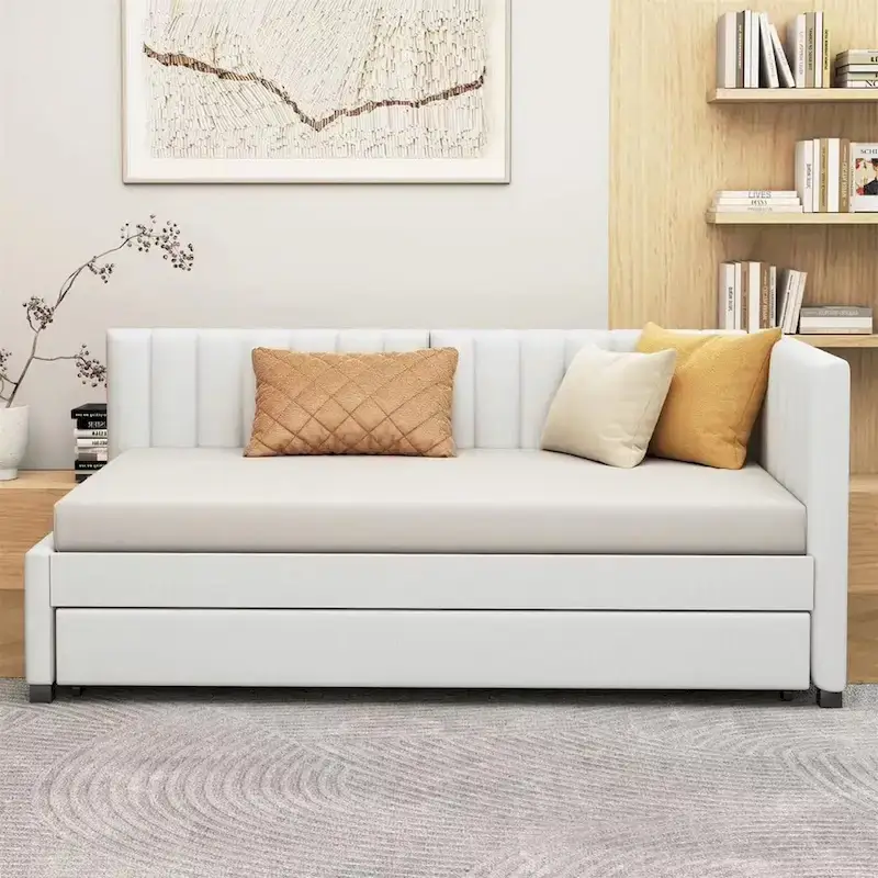 Twin Upholstered Daybed with Trundle – Yellow / Grey / Beige / Pink, Semi-Closed, Sleeps 2