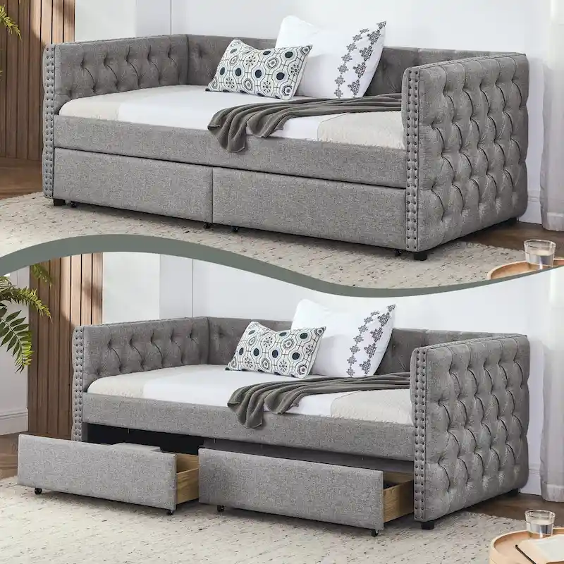 Linen Upholstered Mid-century Modern Twin Size Copper Nail Daybed Sofa with Two Drawers
