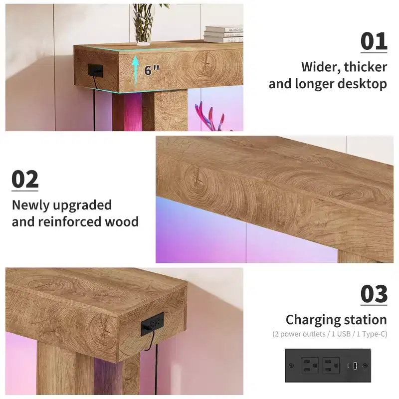 63 in Entryway Console Table, Wood Entry Way Table with Charging Station, Rustic Wood Entrance Tables for Living Room, Entryway, Foyer, Hallway