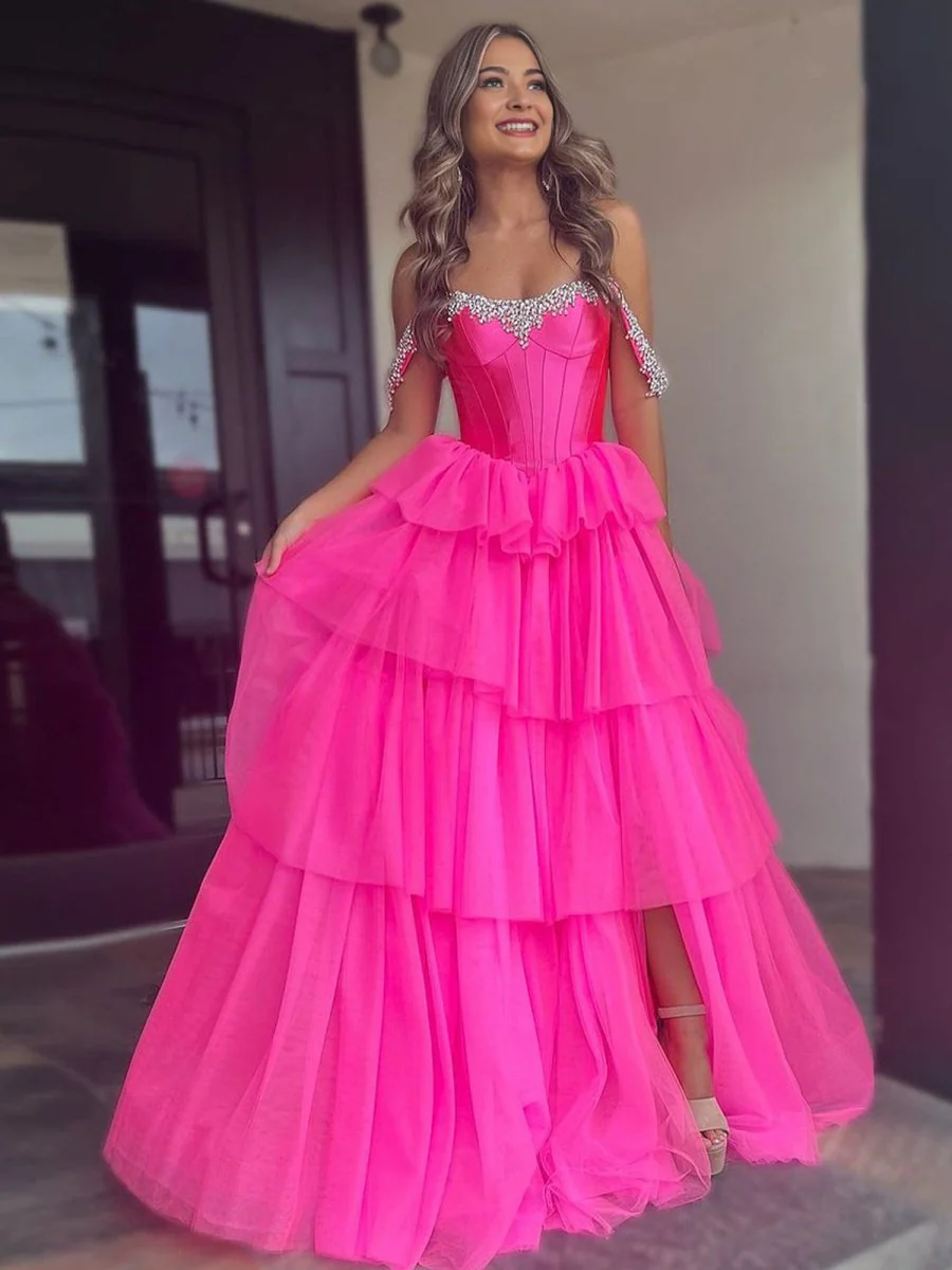 A Line Off the Shoulder Hot Pink Tulle Long Prom Dresses with Beading