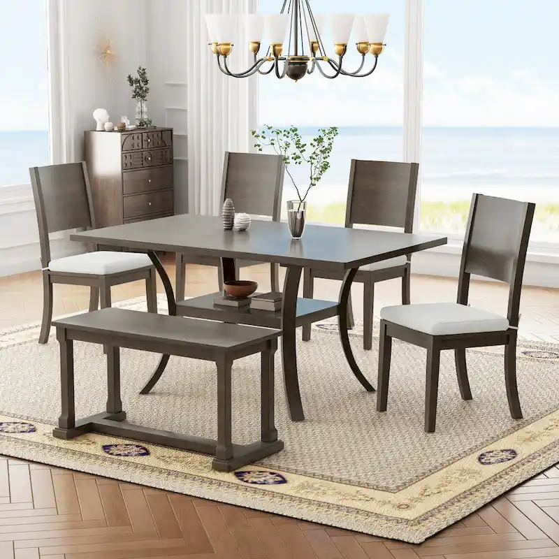 Modern Style 6-Piece Dining Table Set with 4 Removable Cushions Dining Chairs, Storage Shelf and Bench