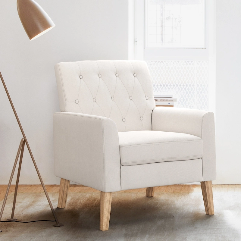 LUE BONA Linen Accent Chair Comfy Living Room Chair with Arms Upholstered Button Tufted Armchair Modern Arm Chairs