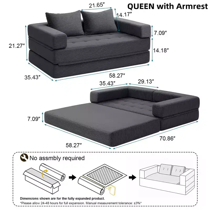 WARMOUNTS Foldable Sofa Bed with Adjustable Backrest & Armrest, Convertible Queen Size Sleeper Sofa for Living Room & Office