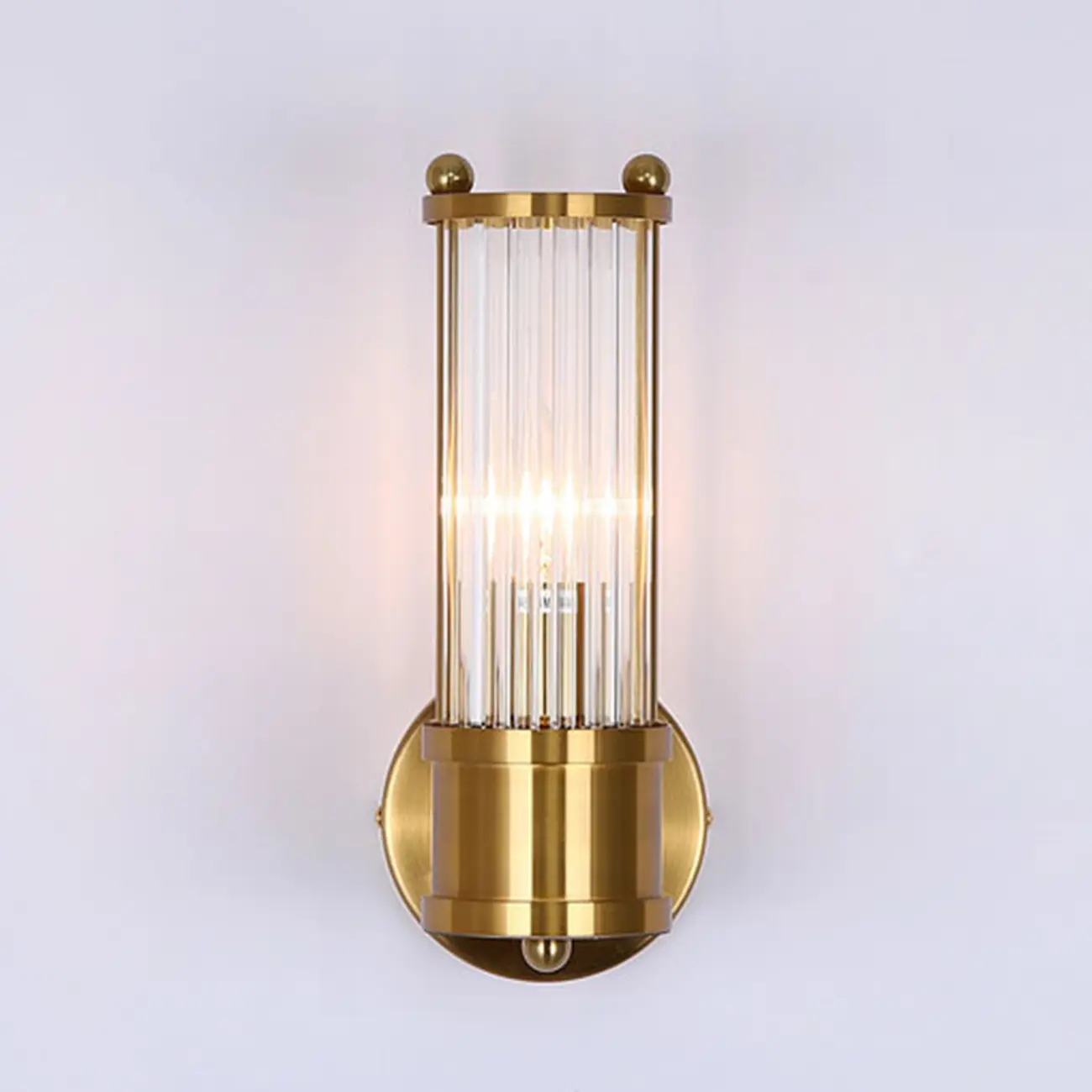 Vertical Brass Glass Cylinder Wall Sconce