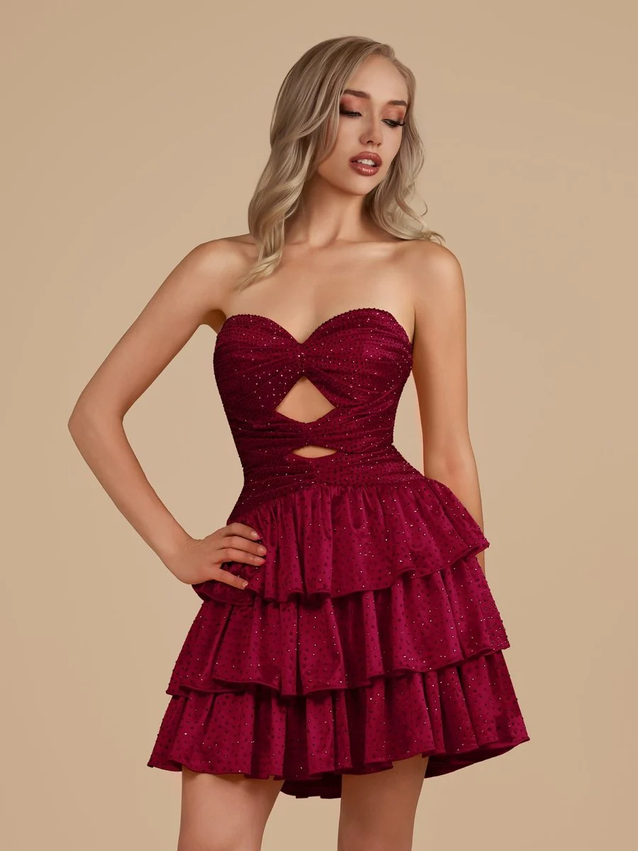 Burgundy - A Line Sweetheart Satin Cut Out Ruffled Homecoming & Cocktail Dresses with Beads
