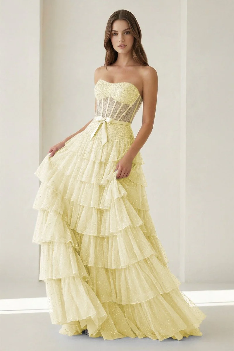 Black-White Strapless A Line Tulle Ruffled Formal Prom Dresses With Beading