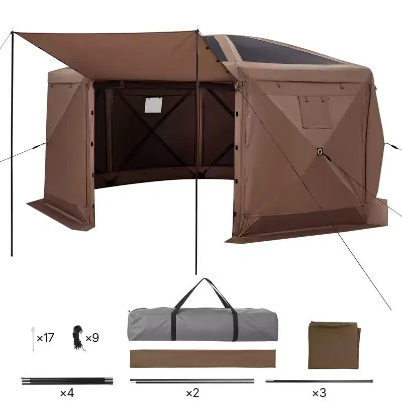 VEVOR Pop up Gazebo Screen Tent, 15 x 15 ft Large 8-Sided Camping Canopy Tent with Removable Top & Carry Bag,for 12-15 Persons Backyard Patio, Brown