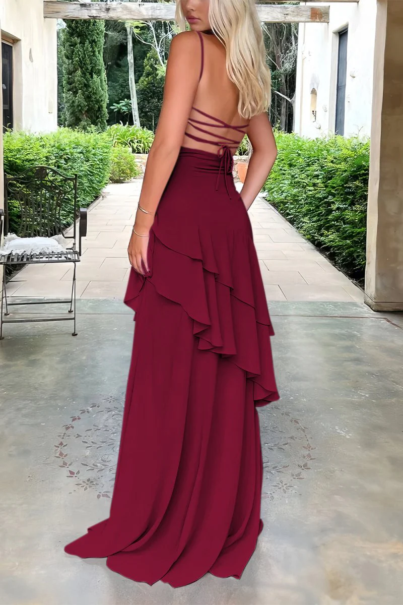 Red - Sheath Spaghetti Straps Chiffon Long Prom Dresses with Ruffles