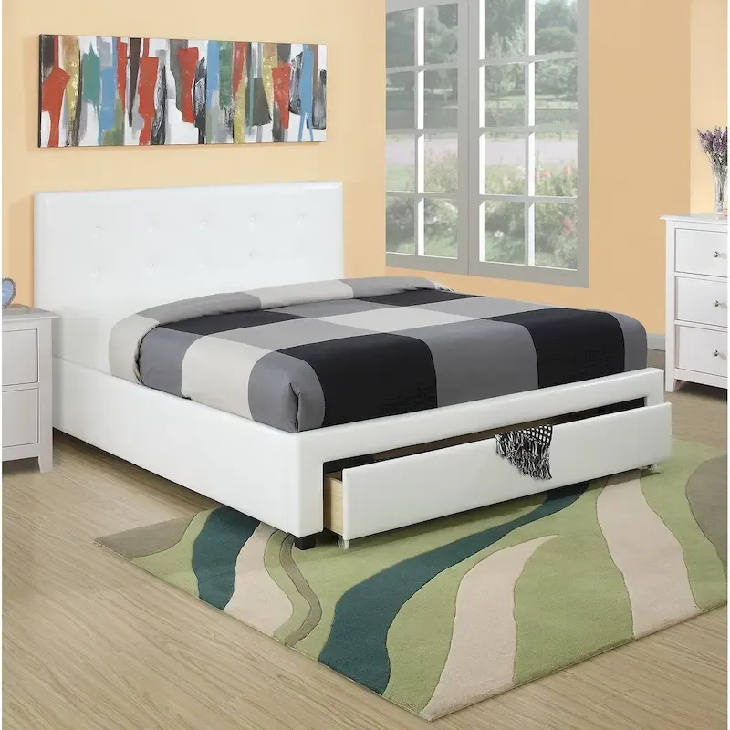 Queen Bed with Storage Drawers - White/Black Faux Leather