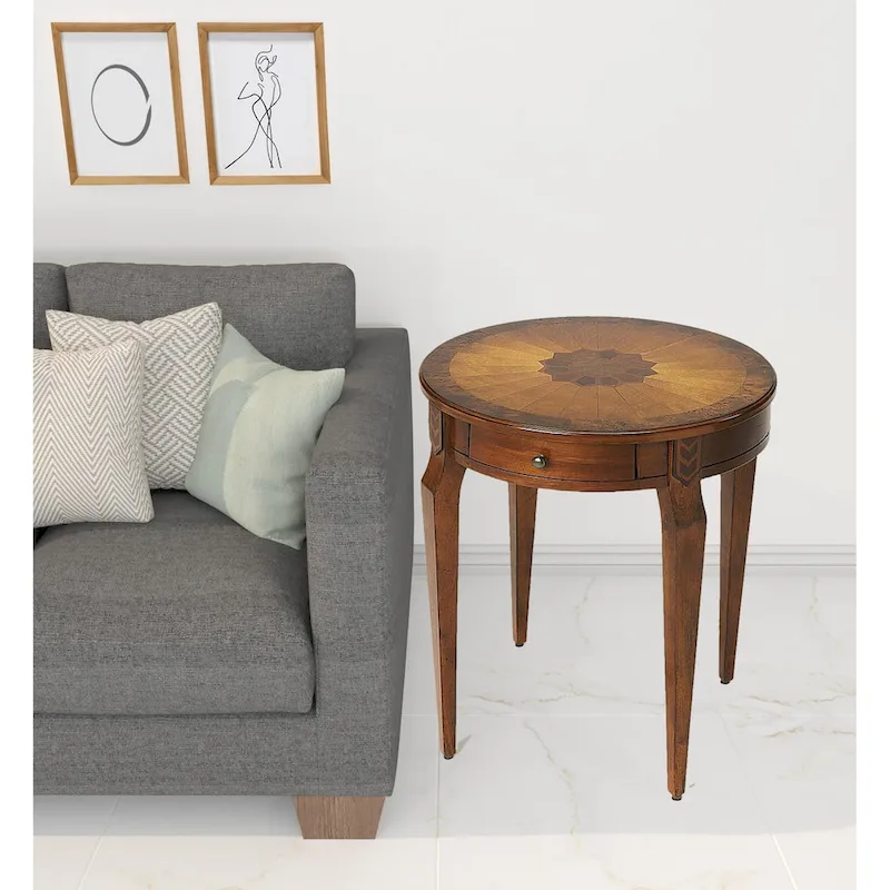 Medium Brown & Olive Ash Round End Table with Drawer – Single