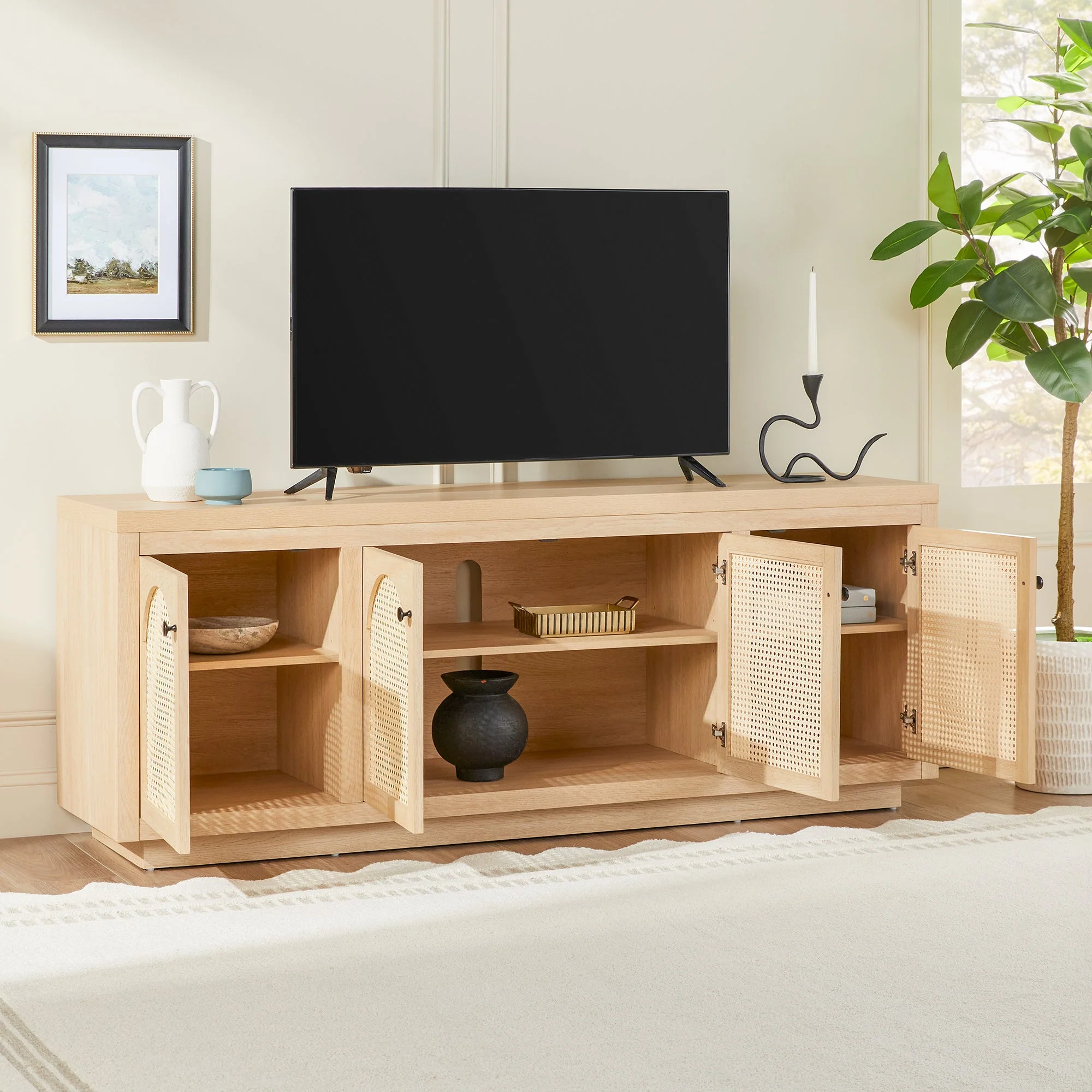 Sasha Contemporary TV Stand and Sideboard with Rattan Doors for up to 80 TV