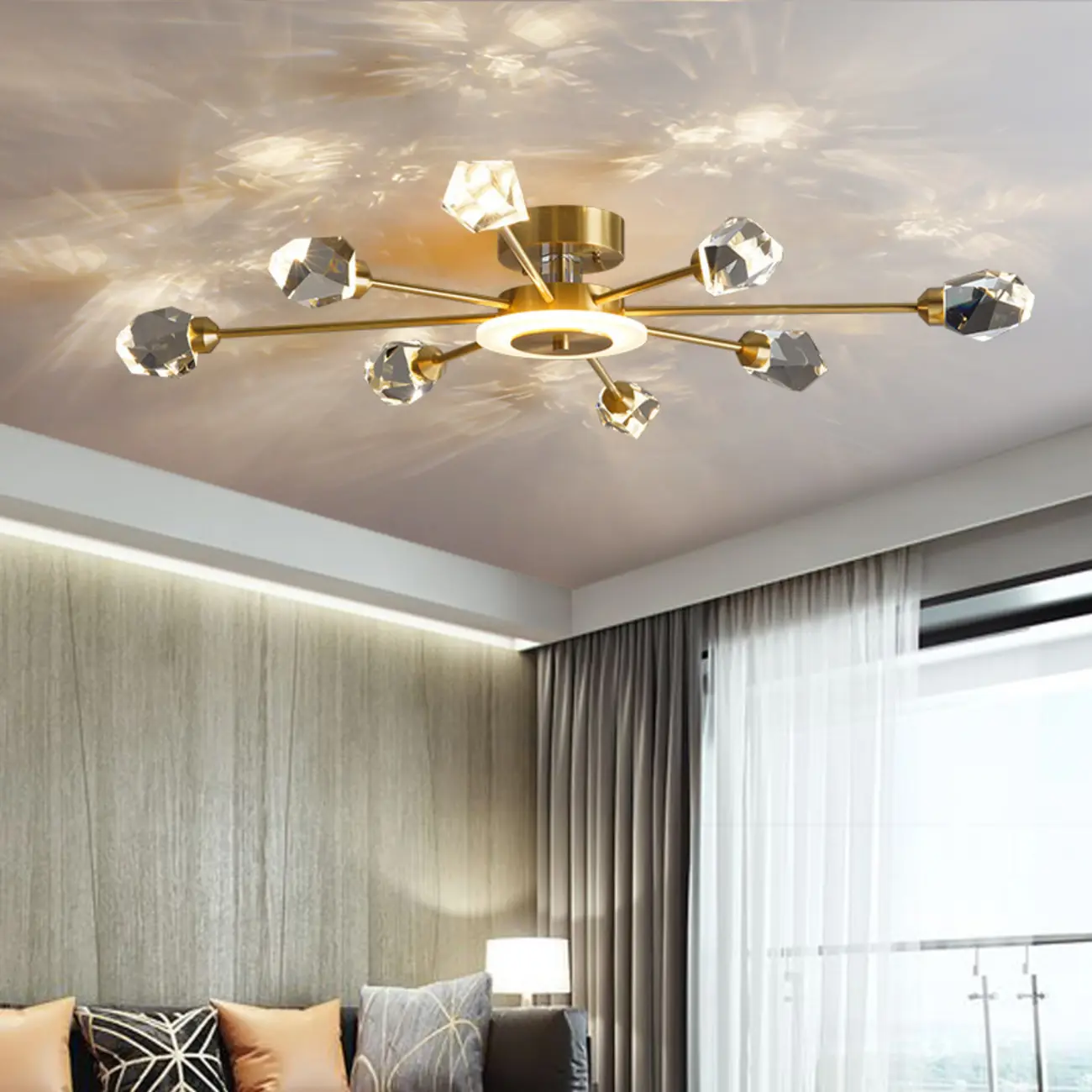 Gold Sputnik Crystal Semi Flush Dimmable LED Ceiling Light