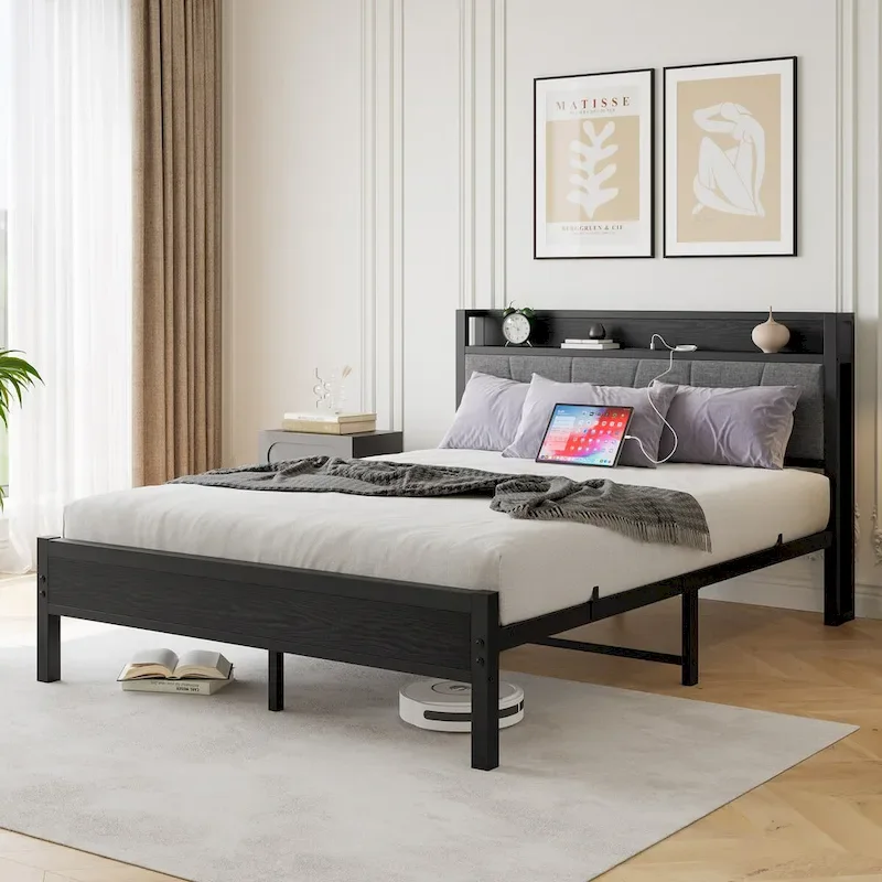 Black Queen Platform Bed Frame with Storage Headboard, 1-Person, Metal & Wood