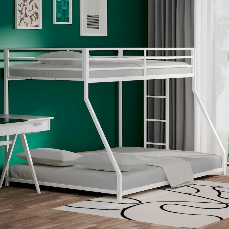 White Twin over Full Metal Bunk Bed with Ladder & Guardrail – Sleeps 2