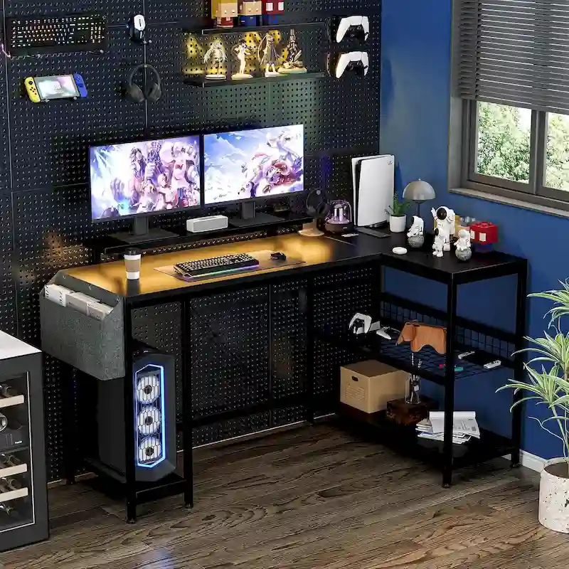 L-Shaped Corner Desk with Power Outlets and LED Lighting