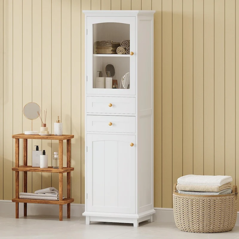 Tall Free-Standing Bathroom Storage Cabinet with Glass Doors and Two Drawers