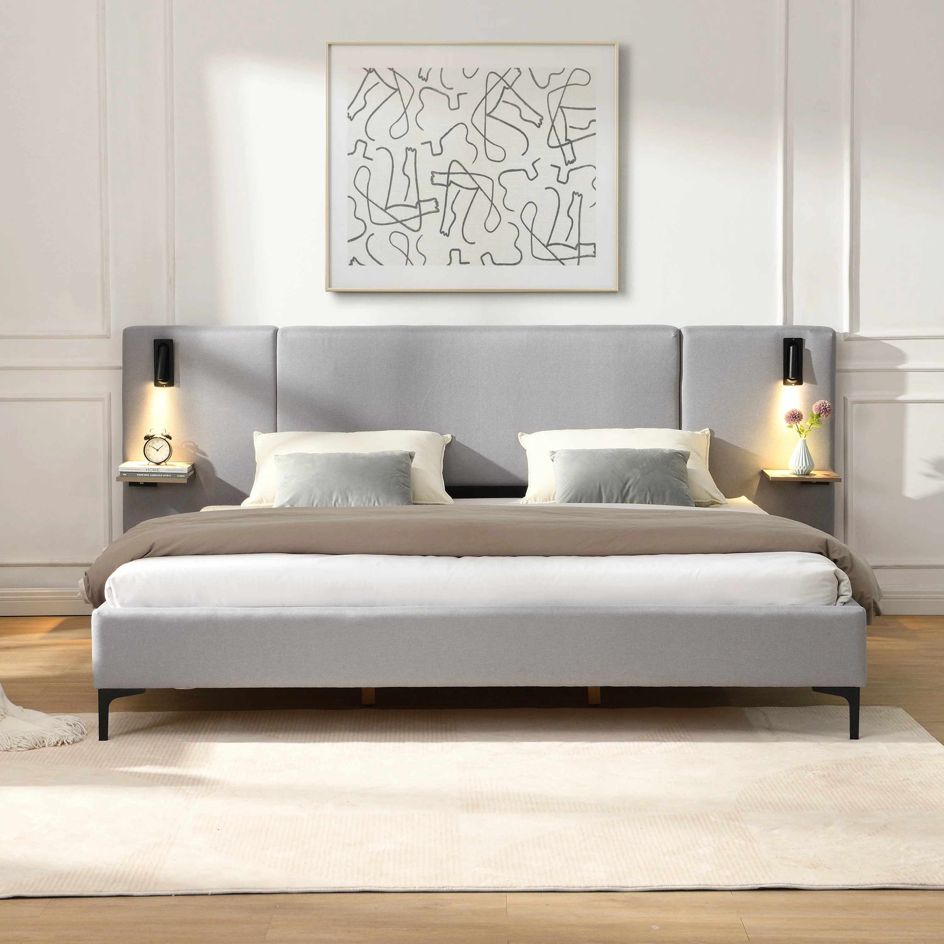 Contemporary King Linen Upholstered Bedframe with Lights and Shelves