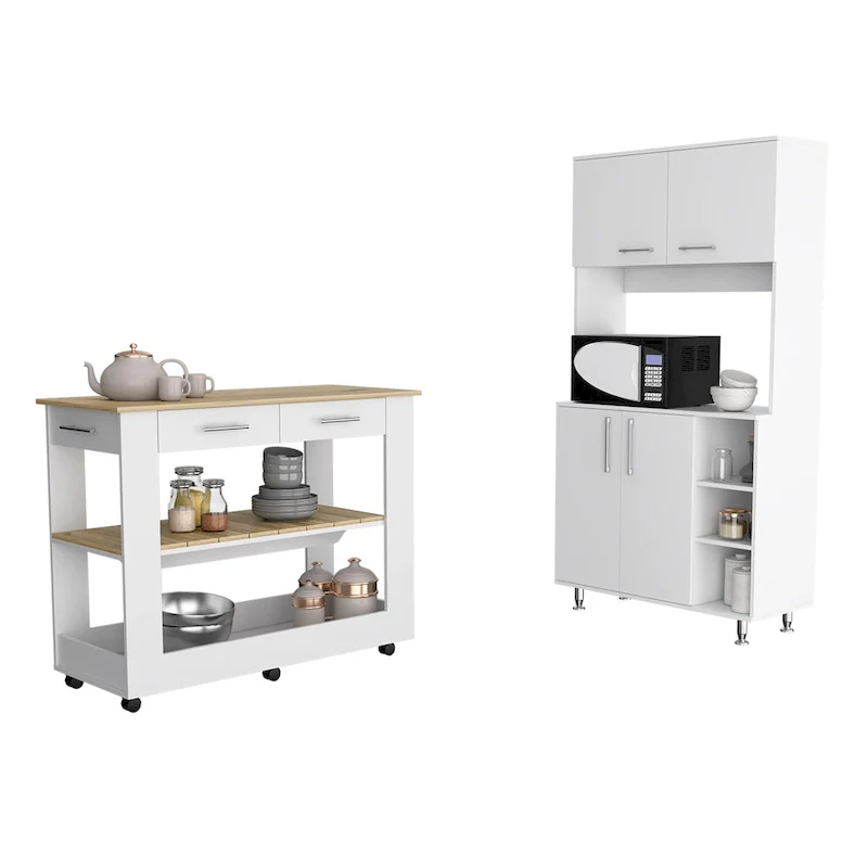 2-Piece Kitchen Set, Kitchen Island with Casters and Pantry Cabinet, White and Light Oak