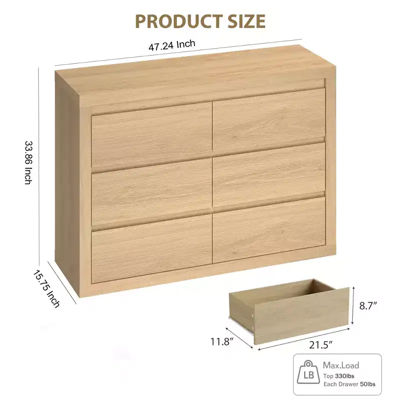 Modern 6 Drawers Dresser for Bedroom, Wide Wood Chests of Drawers w/Thickened Tabletop Design, Mid Century Modern Dresser w/Natural Texture