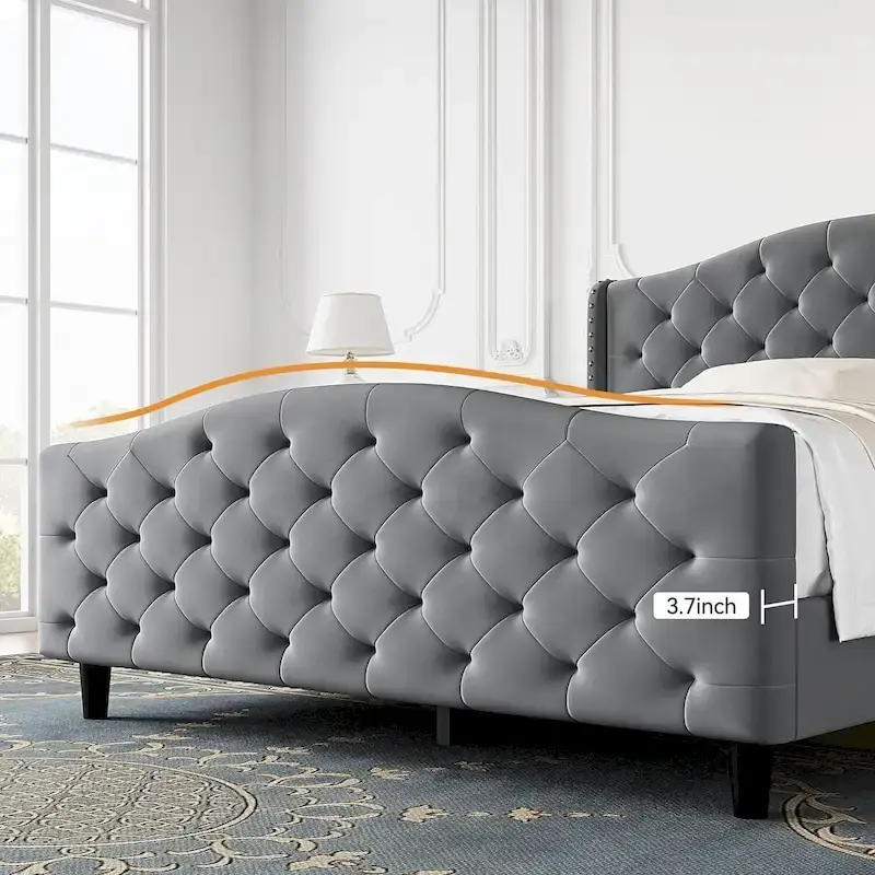 Bed Frame, Wingback Upholstered Button Tufted Headboard, No Box Spring Needed, Load Up to 800Lbs