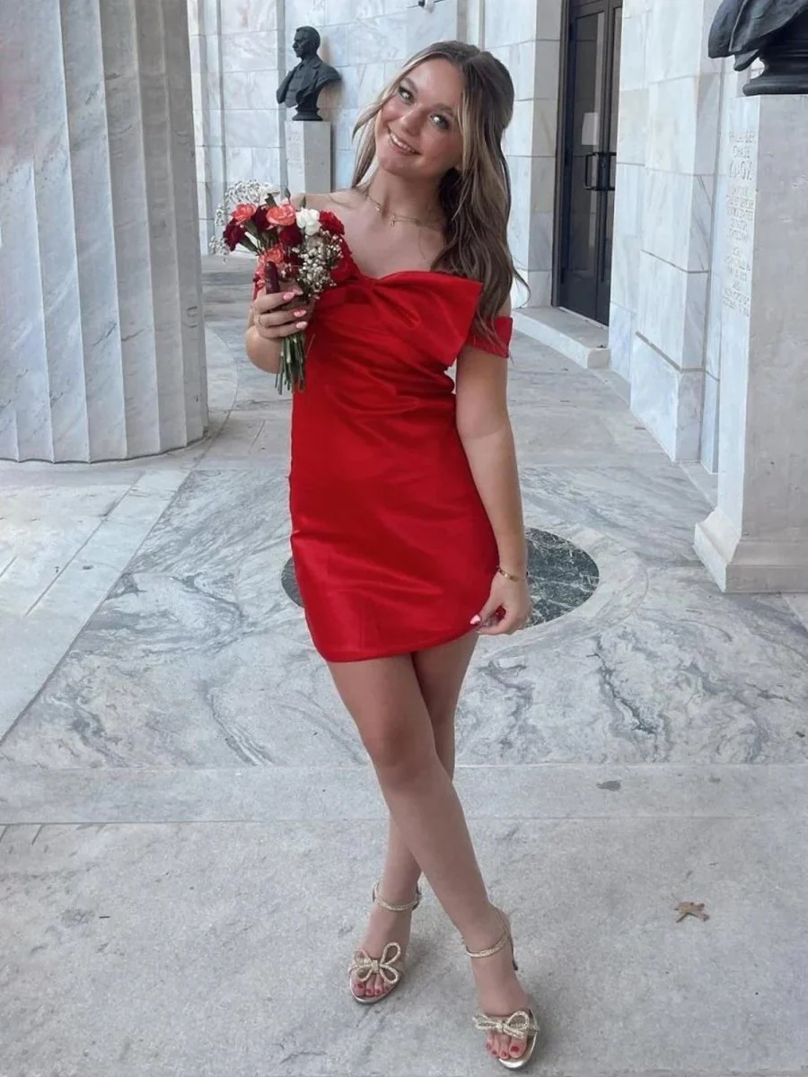 Red - Off The Shoulder Short Homecoming Dress With Bow