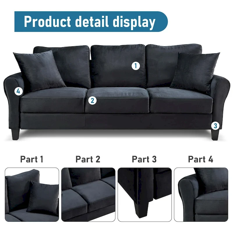 3-Seater Velvet Sofa with 2 Pillows, Black/White/Grey, Wood Frame, 3-Person
