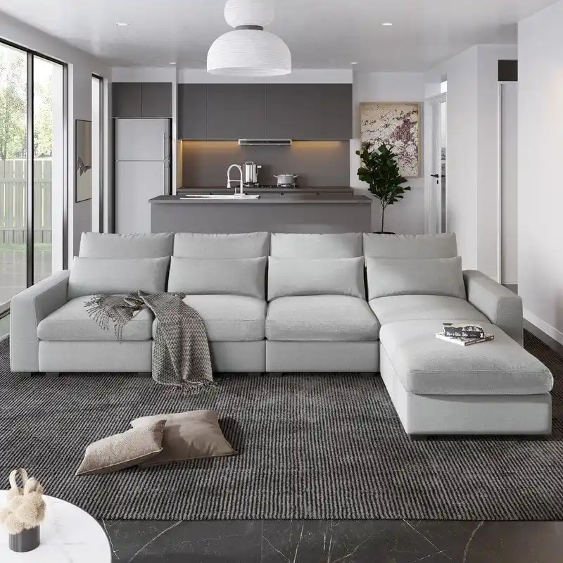 Modern Convertible L-Shaped Linen Feather Filled Reversible Sectional Sofa