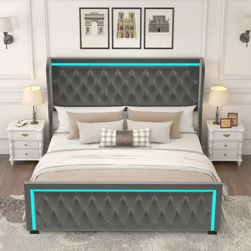 Velvet Queen Platform Bed with LED Headboard