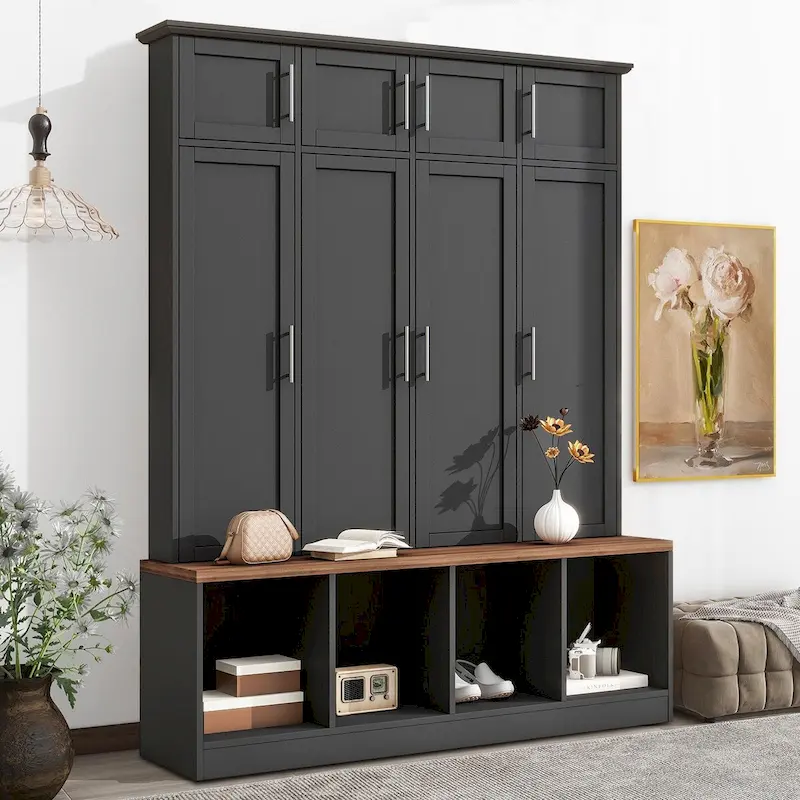 Wooden Tall Hall Tree with 8 Cabinets and 4 Open Compartments
