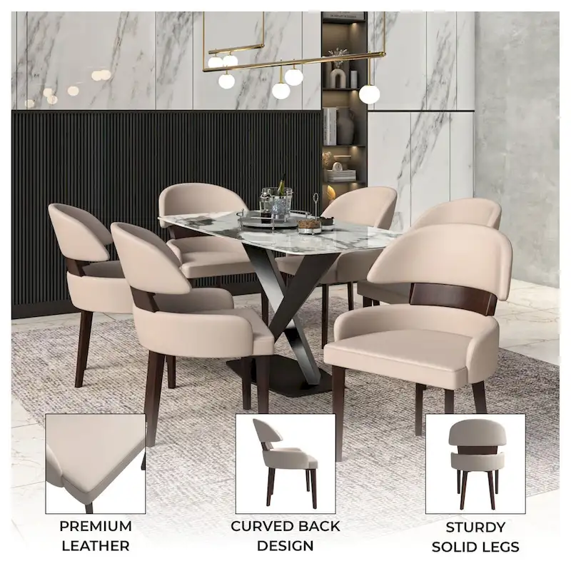 Leather Dining Chair with a Curved Back in Rubberwood Ethos Series by LeisureMod