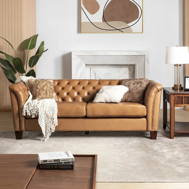 Camel / Black / Burgundy Tufted Genuine Leather Chesterfield Sofa, 3-Seater, 82.5