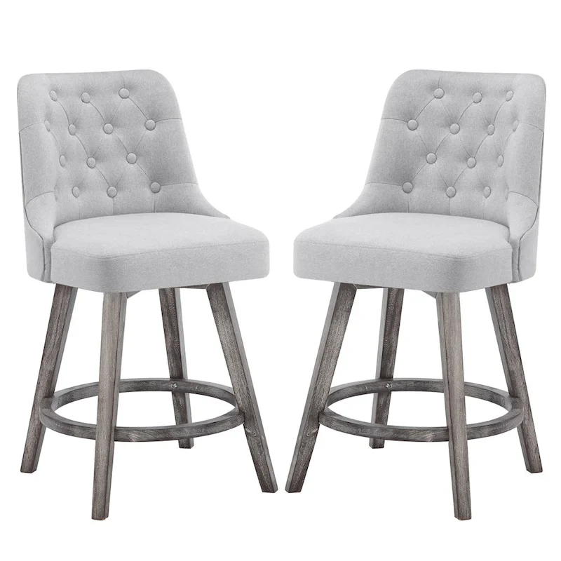 HOMYKA Tufted Swivel Bar Stool with Wood Grain Chair Legs Set of 2