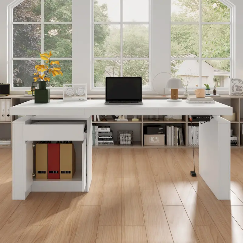 Ergonomic Sit-Stand Desk Pure White Elegance with Side Cabinet Table