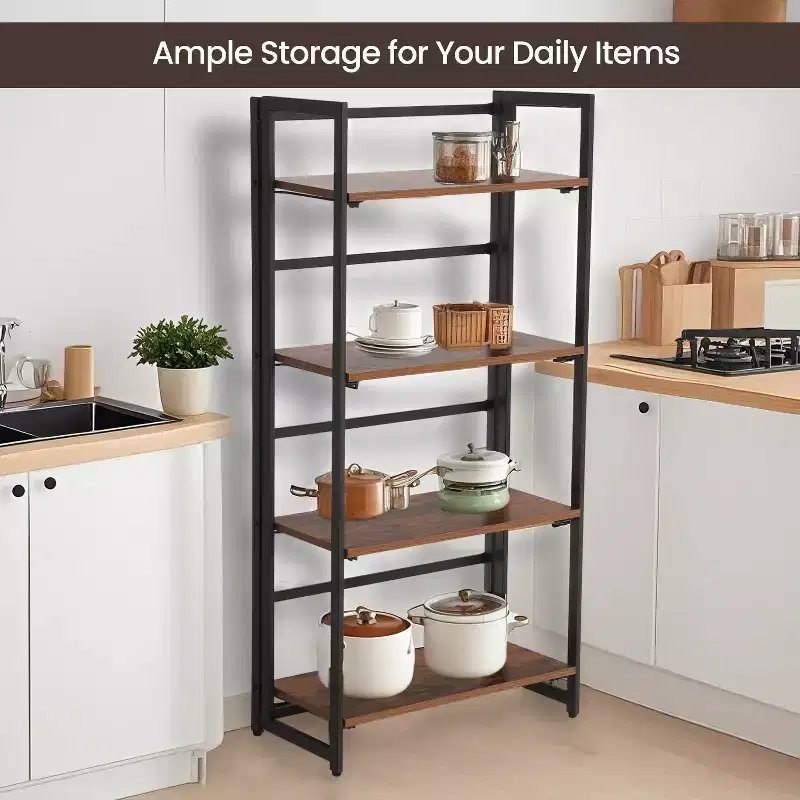 VASAGLE Industrial Bookshelf Folding Bookcase 4-Tier Ladder Shelf Wood Look Accent Furniture with Metal Frame Rustic Brown