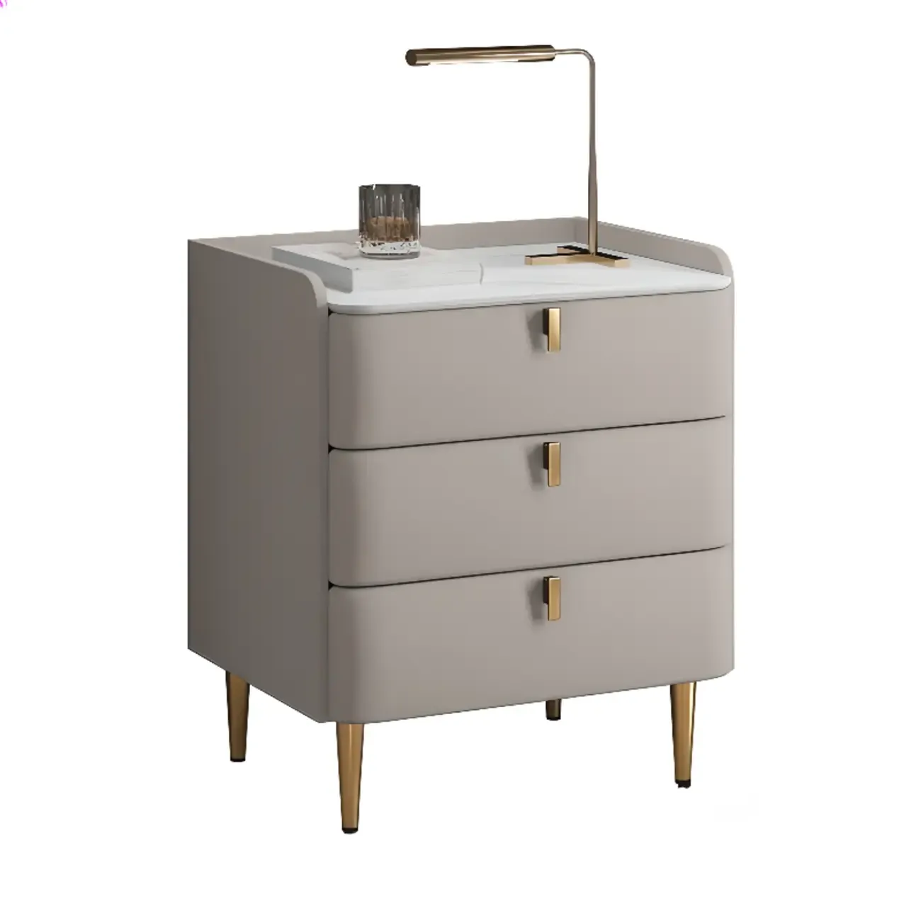 Modern Leather Stone Top Gold Accents 3-Drawer Nightstand