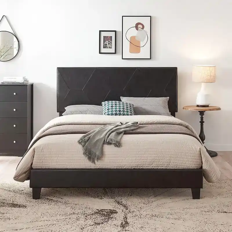 Black PU Leather Queen Upholstered Platform Bed with Slat Support