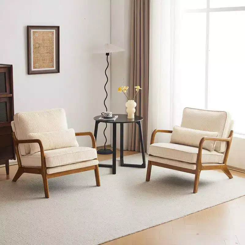 Karl Home 2Pcs Mid Century Solid Wood Accent Chair Upholstered Armchair with an Extra Pillow