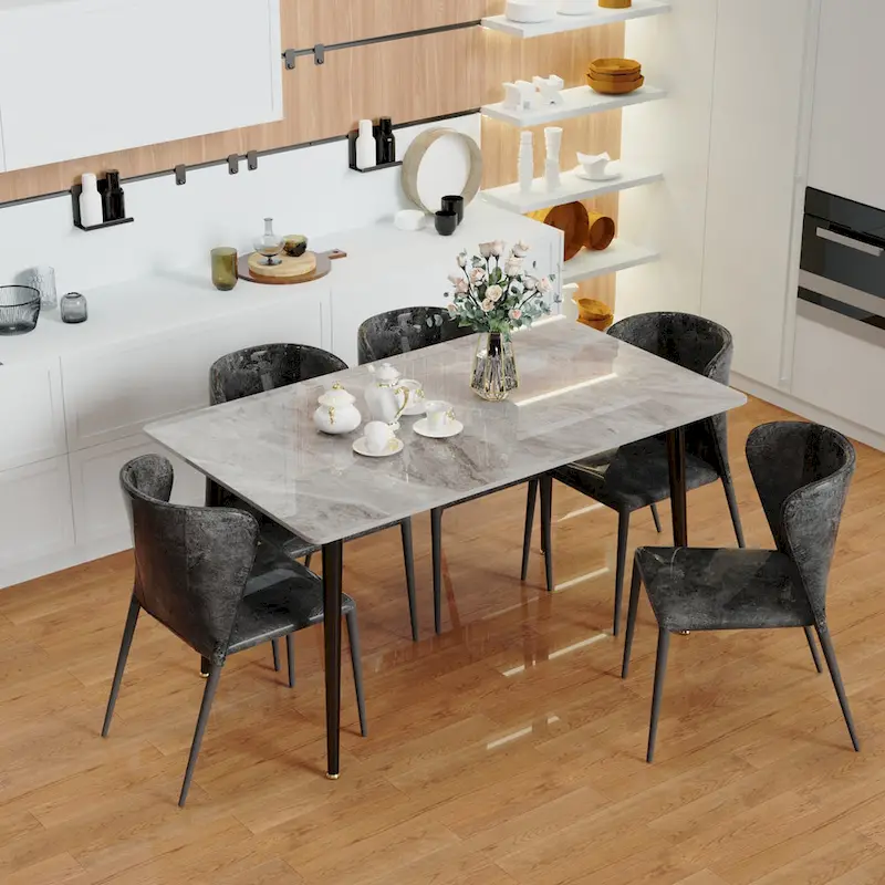 6 Seater Kitchen Dining Table Modern Marble Tabletop Rectangular with Tapered Metal Legs