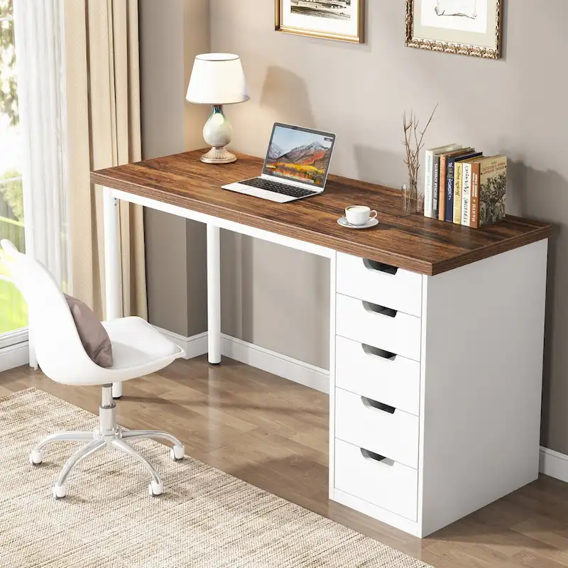 47-inch Computer Desk with 5-drawer, Wood and Metal Writing Desk for Study Living Room