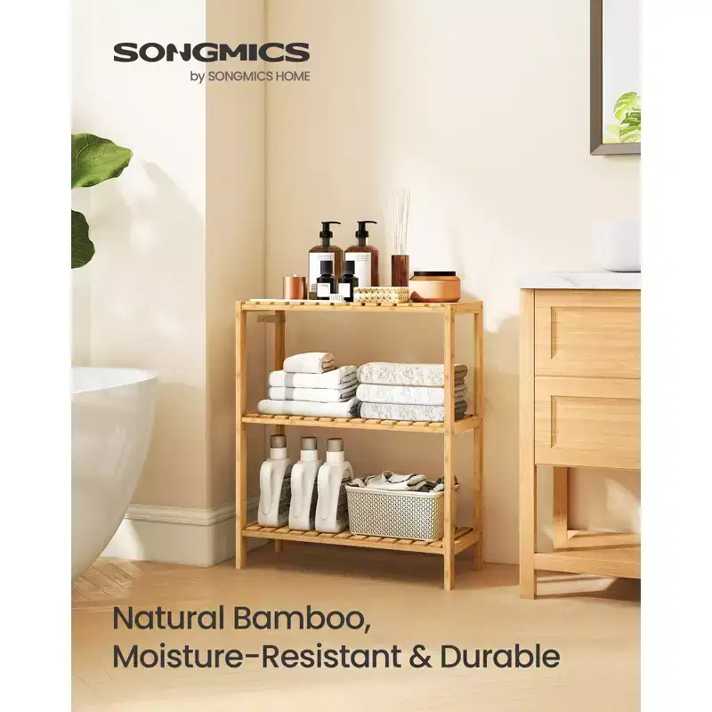 SONGMICS Bamboo Storage Shelf, 3-Tier Shelving Unit, Multifunctional, in The Entryway, Bathroom,10.2 x 23.6 x 26 Inches, Light Bamboo