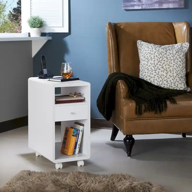 Contemporary Side Table with Caster Wheels, Drawer & Open Shelves