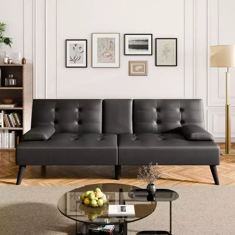 Celebalcony Futon Sofa Bed, Leather Foldable Couch,with Removable Armrests, Upholstered Loveseat Sofa with Folding Cup Holders for Home, Office, Black