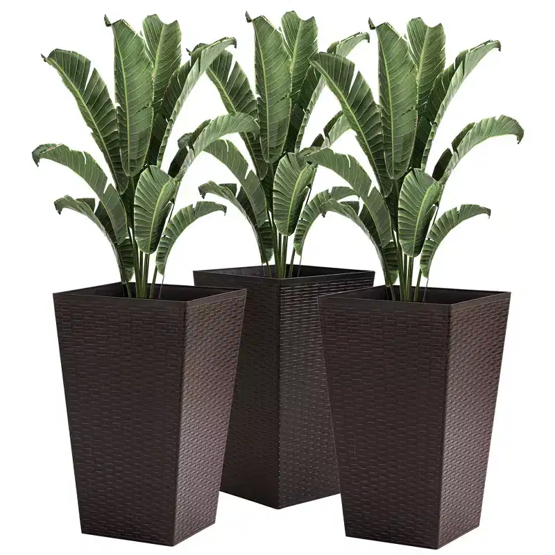 NAYSAYE 3PCS Outdoor Planter, 24 Tall Large Taper Planters with Drainage Holes and Plug, Flower Pots for Patio, Brown, 14.25*14.25*24