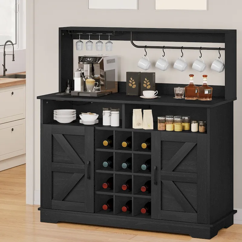 Bar Cabinet with Wine Rack and Power Outlets - 12-Bottle Storage (Black & Grey/White & Wood)