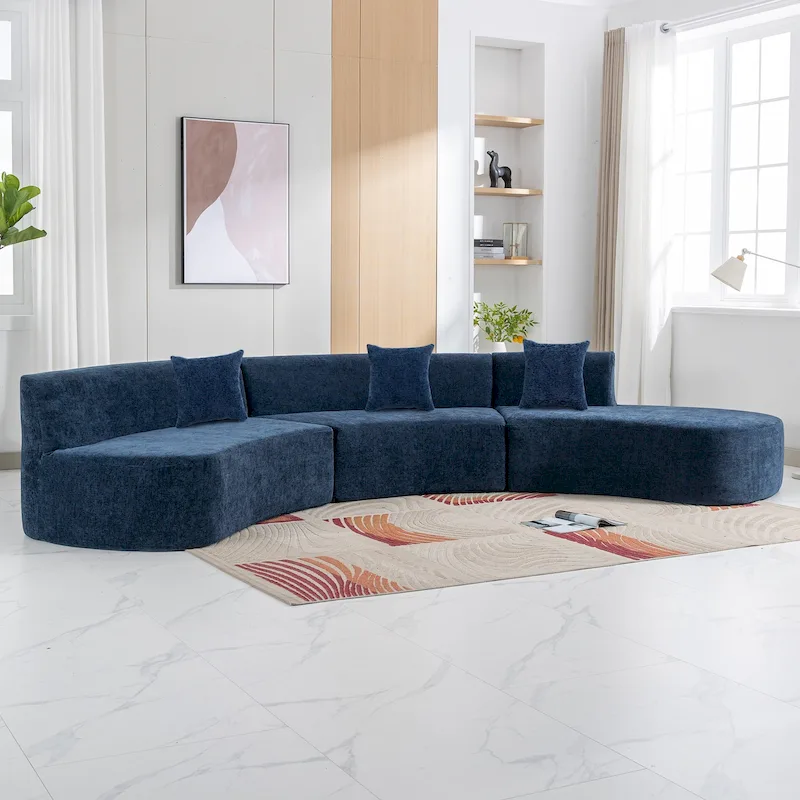 136in Stylish Curved sofa Sectional Sofa Chenille Fabric Sofa Couch with Three Throw Pillows for Living Room,