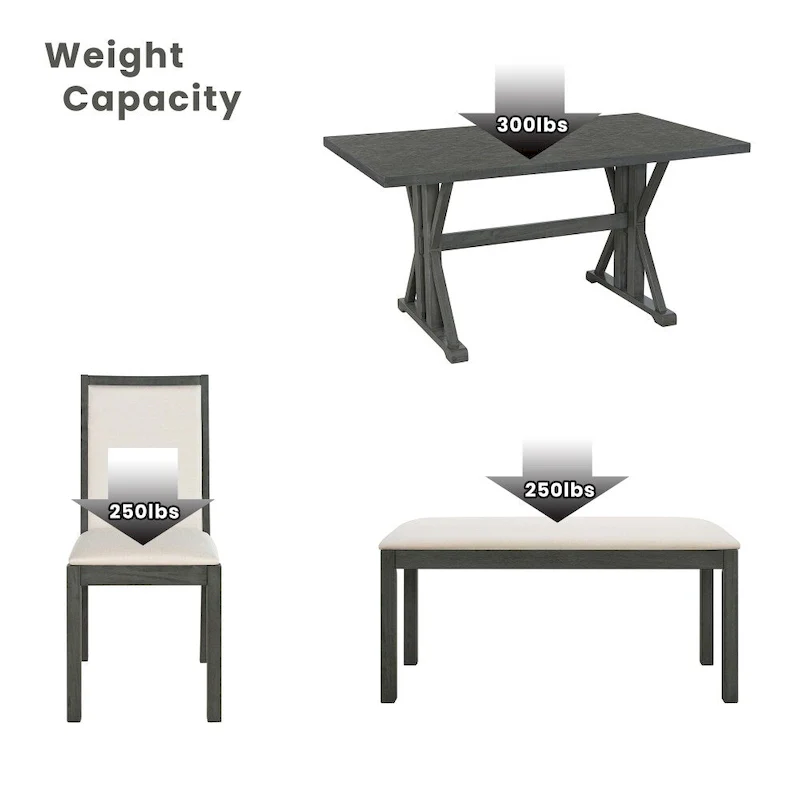 6-Piece Farmhouse Dining Table Set with 4 Upholstered Chairs and Bench