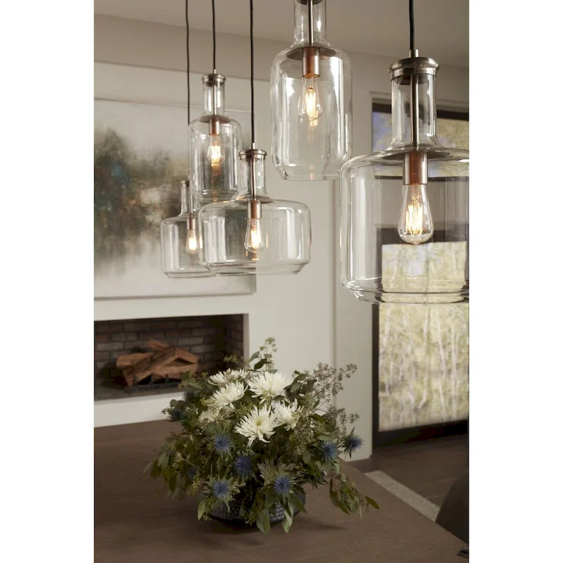 Latrobe Collection One-Light Brushed Nickel Clear Glass Coastal Pendant Light - 12.25 in x 12.25 in x 14 in